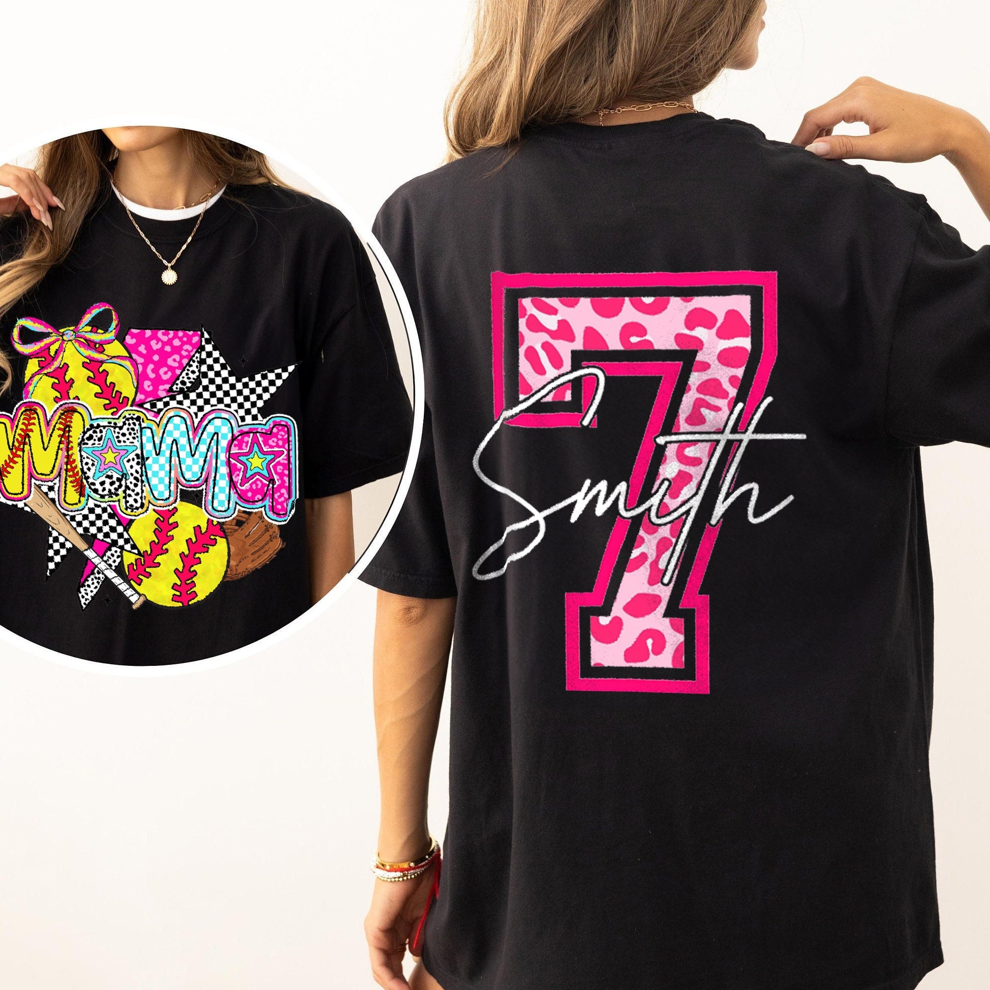 Personalized Softball Mama Pink Leopard Checkered Pattern Cheer T-shirt | Gifts for Sports Mom