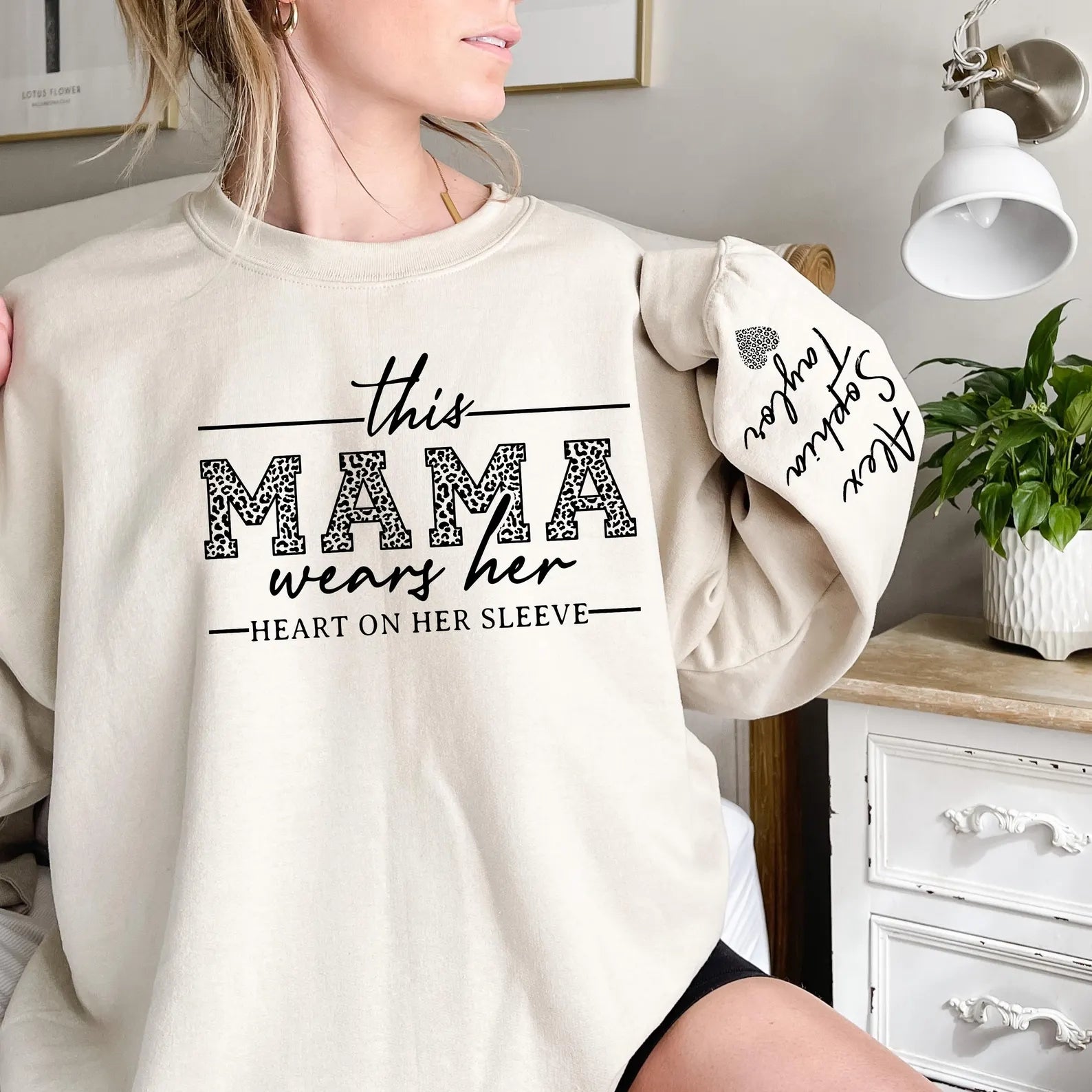 Custom This Mama Wears Her Heart On Her Sleeve leopard Print Sweatshirt | for Mama and Grandma Gift