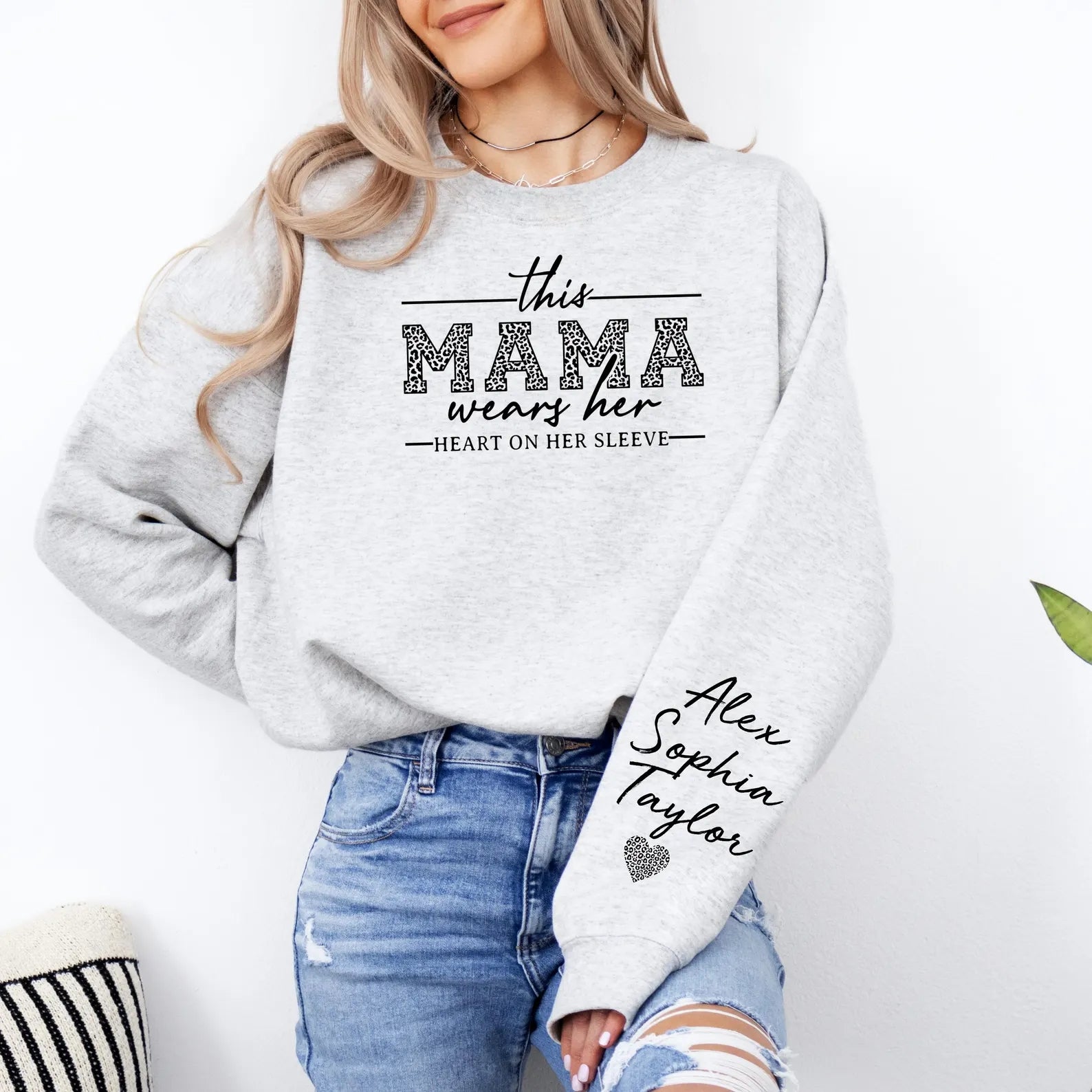 Custom This Mama Wears Her Heart On Her Sleeve leopard Print Sweatshirt | for Mama and Grandma Gift