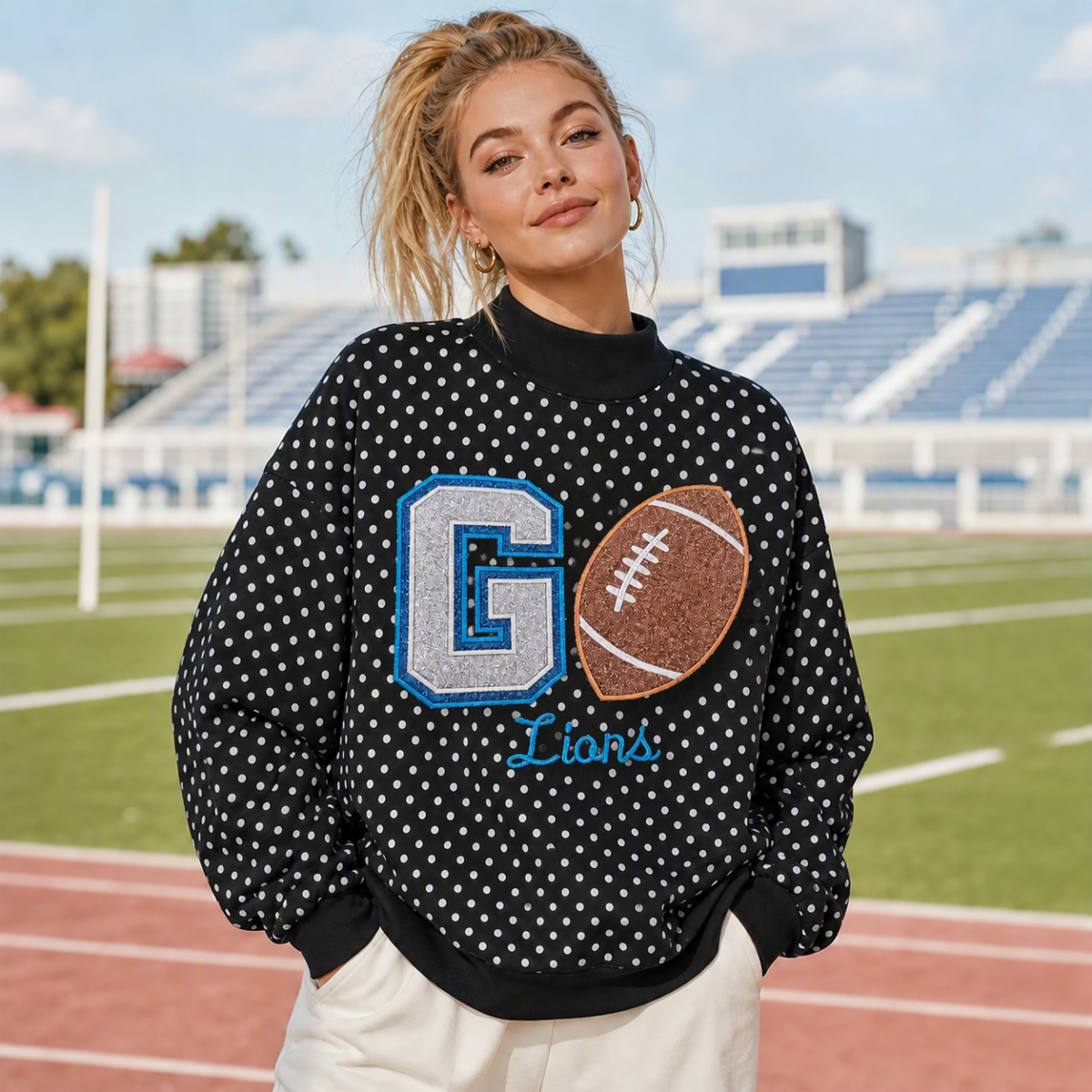 Personalized Mock Neck Polka Dot Game Day Sweatshirt | Custom "GO" Football Glitter Embroidered Pullover | Game Day Wear