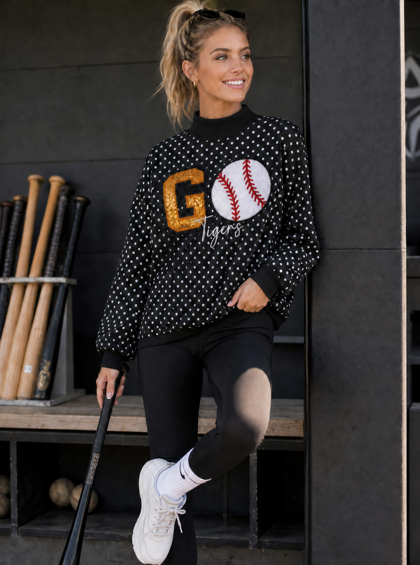 Custom Go Tigers Mock Neck Sweatshirt – Polka Dot Game Day Pullover with Sequin Varsity Letter & Baseball Applique