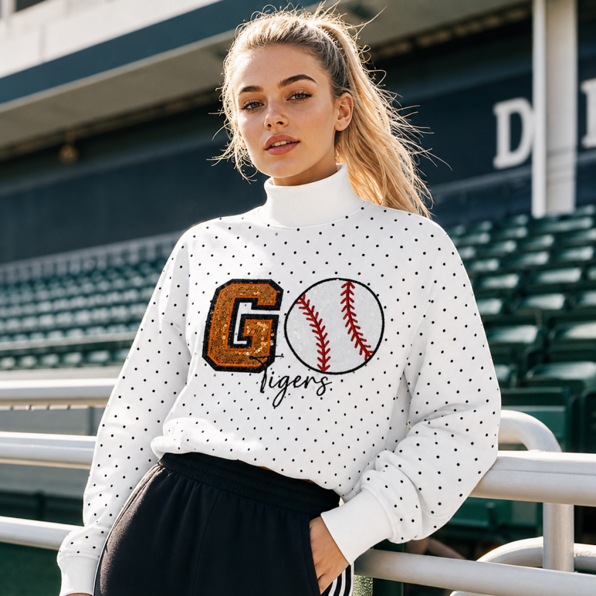 Custom Go Tigers Mock Neck Sweatshirt – Polka Dot Game Day Pullover with Sequin Varsity Letter & Baseball Applique