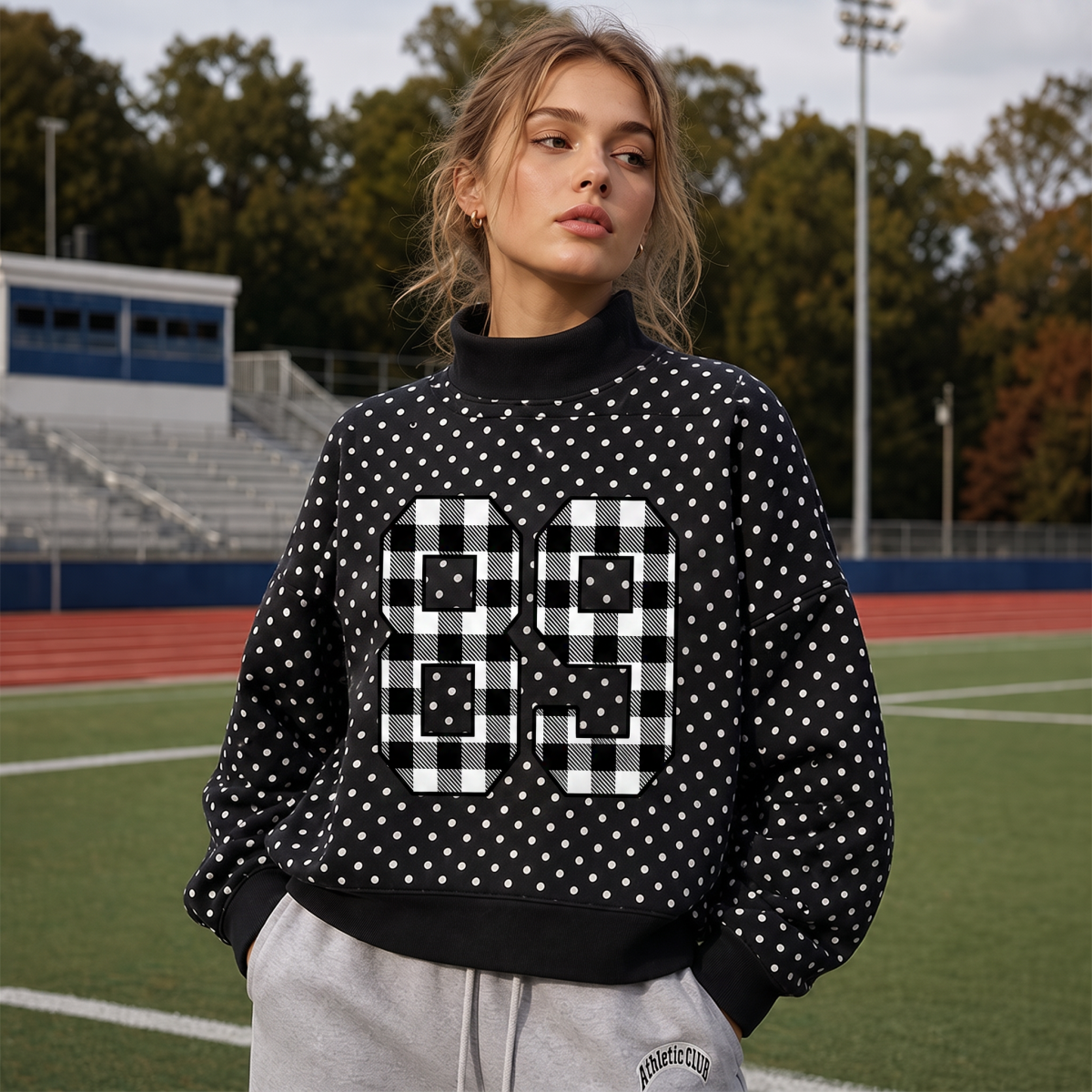 Custom Number Polka Dot Mock Neck Sweatshirt – Gingham Applique Embroidered Varsity Game Day Pullover