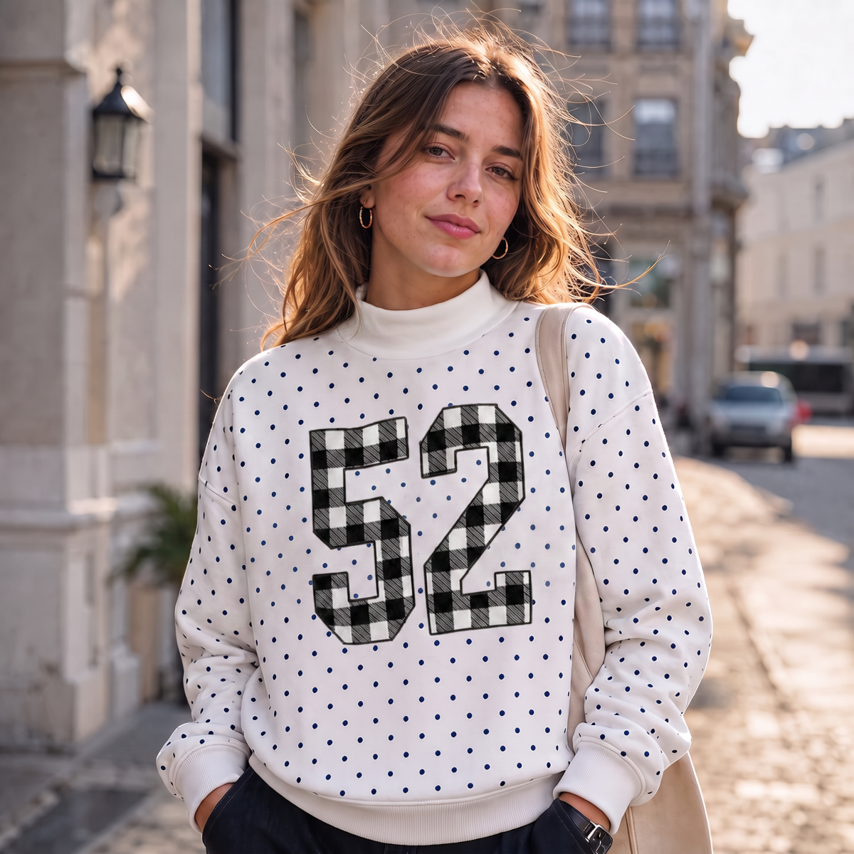 Custom Number Polka Dot Mock Neck Sweatshirt – Gingham Applique Embroidered Varsity Game Day Pullover