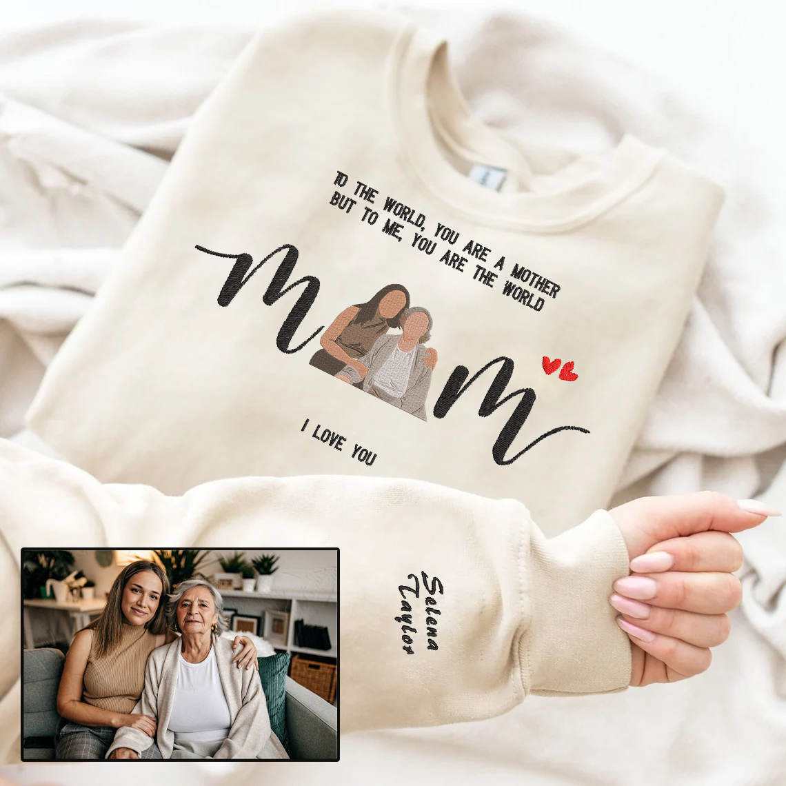 Mother's Day Custom Embroidered Mom I Love You Photo Hoodie Sweatshirt T-Shirt | Gift For Mom