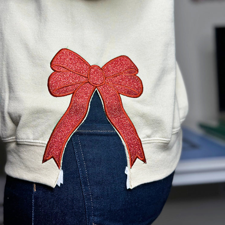 Custom Embroidered Merry Glitter Christmas Bow Embellished Sweatshirt