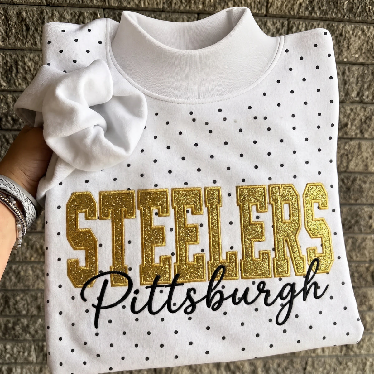 Custom Embroidered Glitter Vinyl Team Polka Dot Mockneck - Game Day Best Gear | Gifts for Sports Mom | Game Day Wear