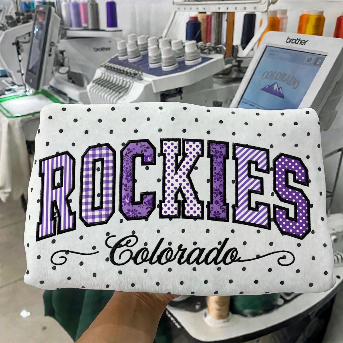 Custom Embroidered Patchwork Mix Fabric Baseball Team Polka Dot Sweatshirt | Game Day Wear