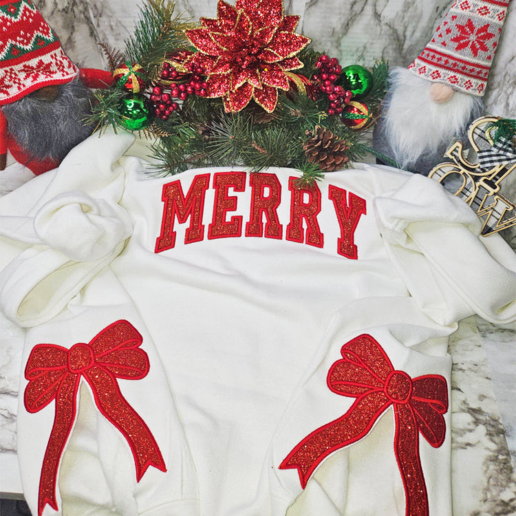 Custom Embroidered Merry Glitter Christmas Bow Embellished Sweatshirt