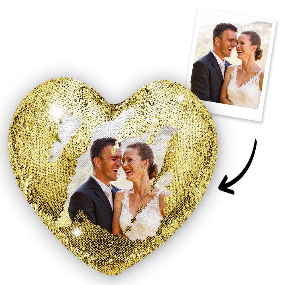 Custom Sweet Love Photo Magic Heart Sequins Pillow Multicolor Shiny