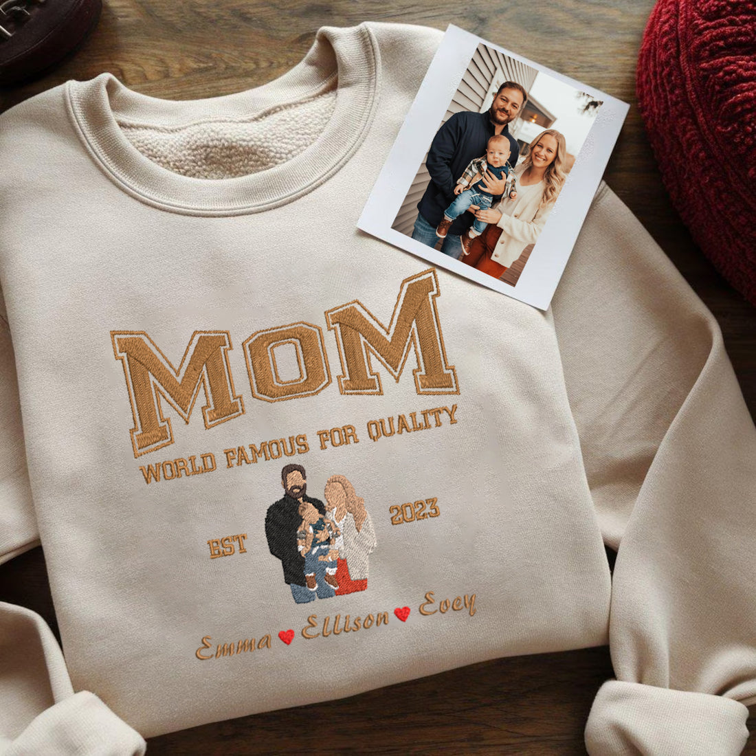 Mother's Day Embroidered Family Photo World Famous For Quality Custom Text Hoodie Sweatshirt T-Shirt | Gift for Mom