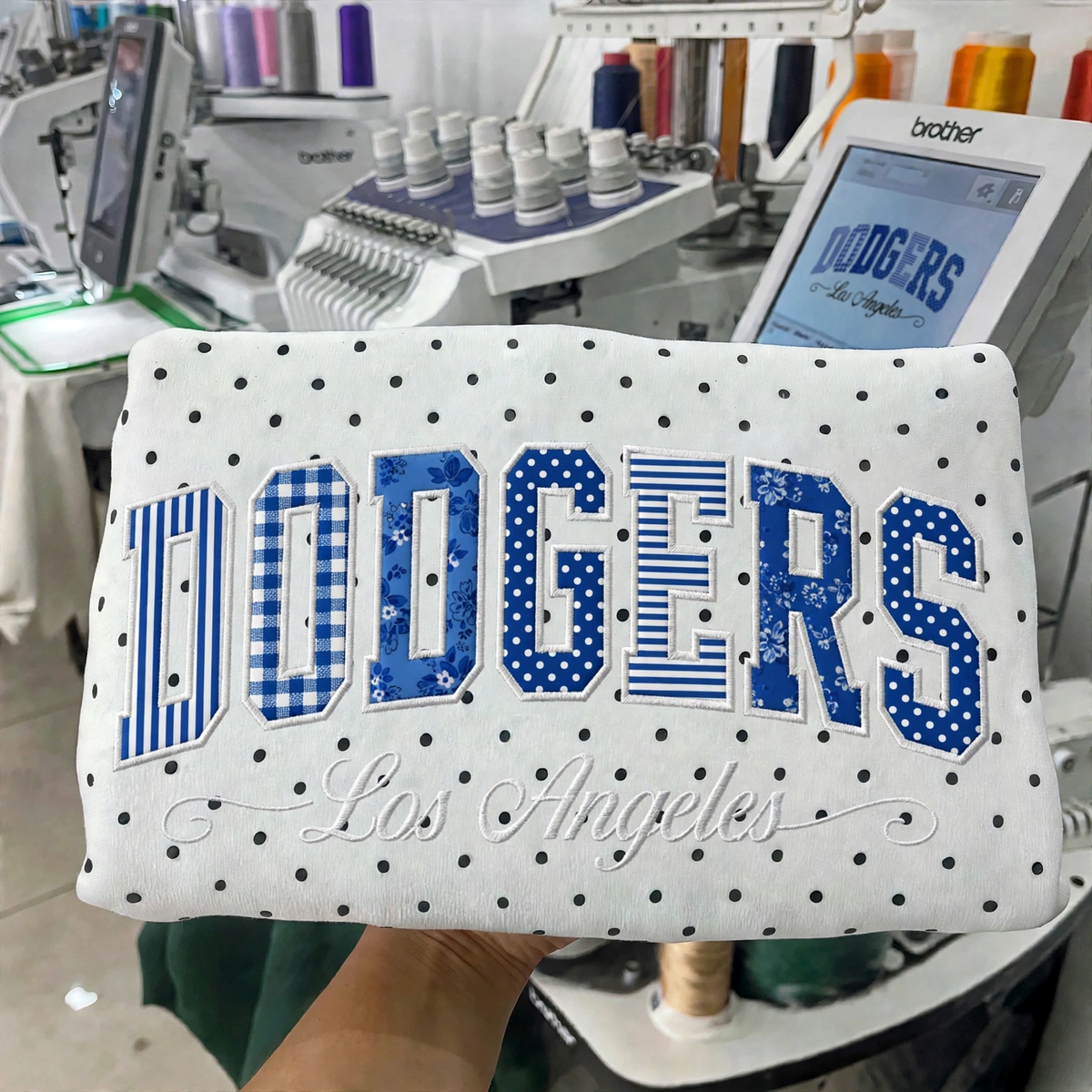 Custom Embroidered Patchwork Mix Fabric Baseball Team Polka Dot Sweatshirt | Game Day Wear