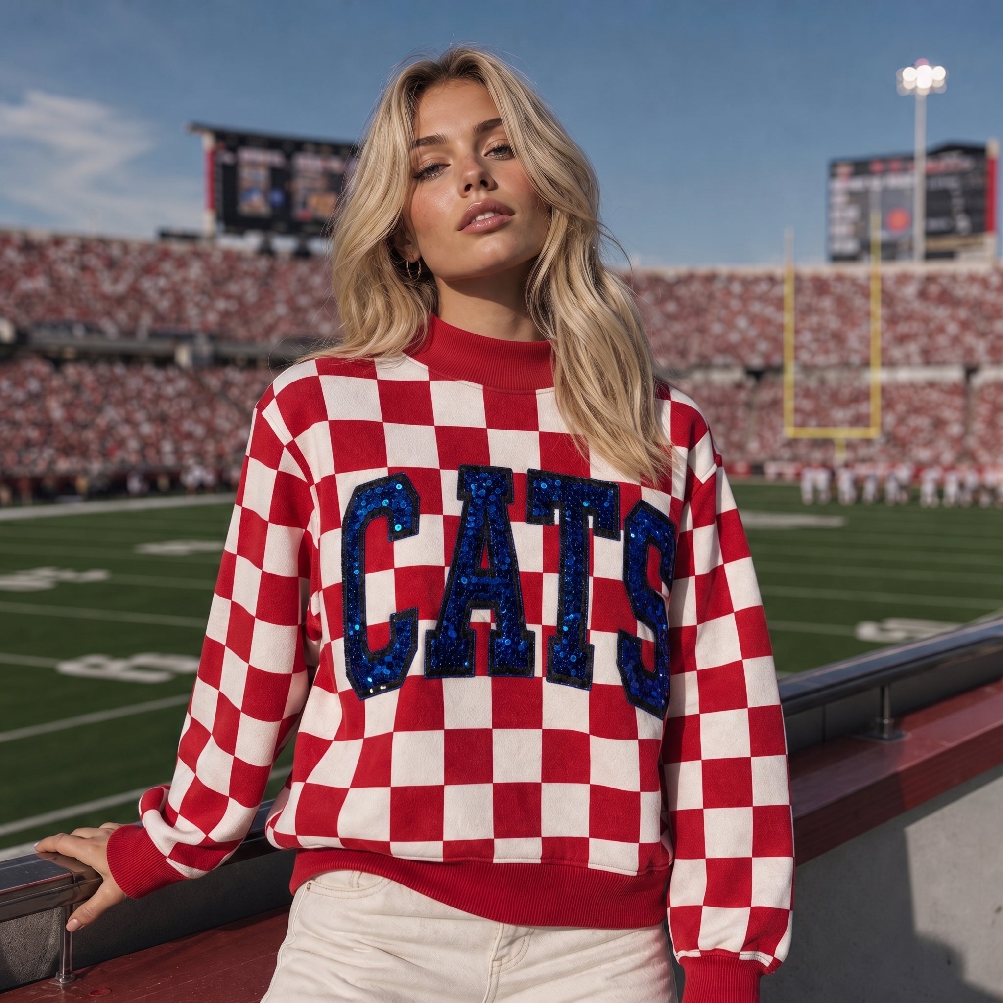 Custom Sequin Checkered Mockneck Sweatshirt | Personalized Glitter Letters Vintage Checkerboard Pullover | Team Name Spirit Wear