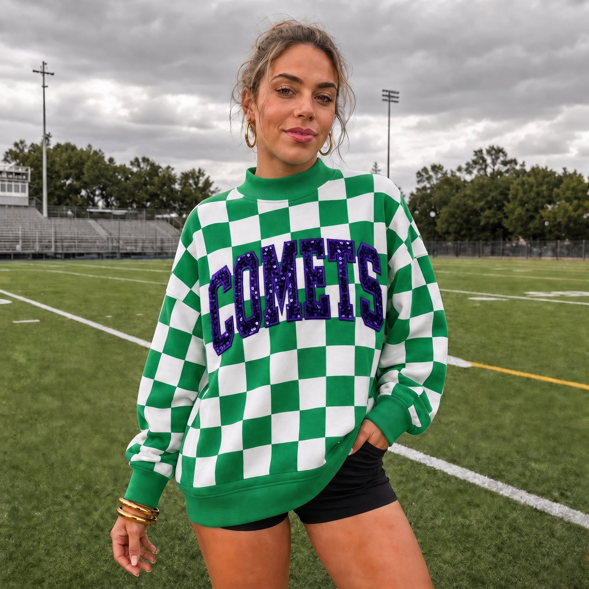 Custom Sequin Checkered Mockneck Sweatshirt | Personalized Glitter Letters Vintage Checkerboard Pullover | Team Name Spirit Wear