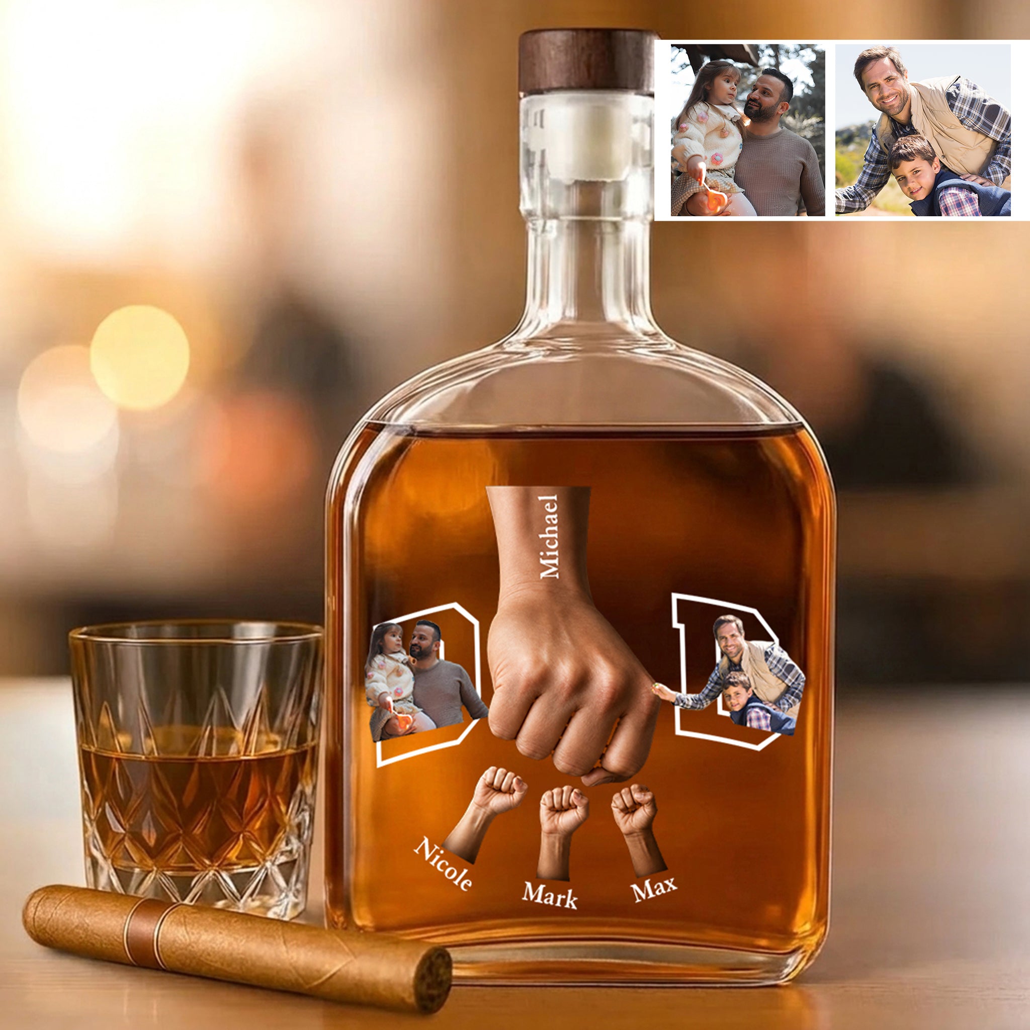 To My First And Forever Hero - Custom Fist bump with Full Color Photos Whiskey Bottle-Best Gift for Dad Father's Day Gift