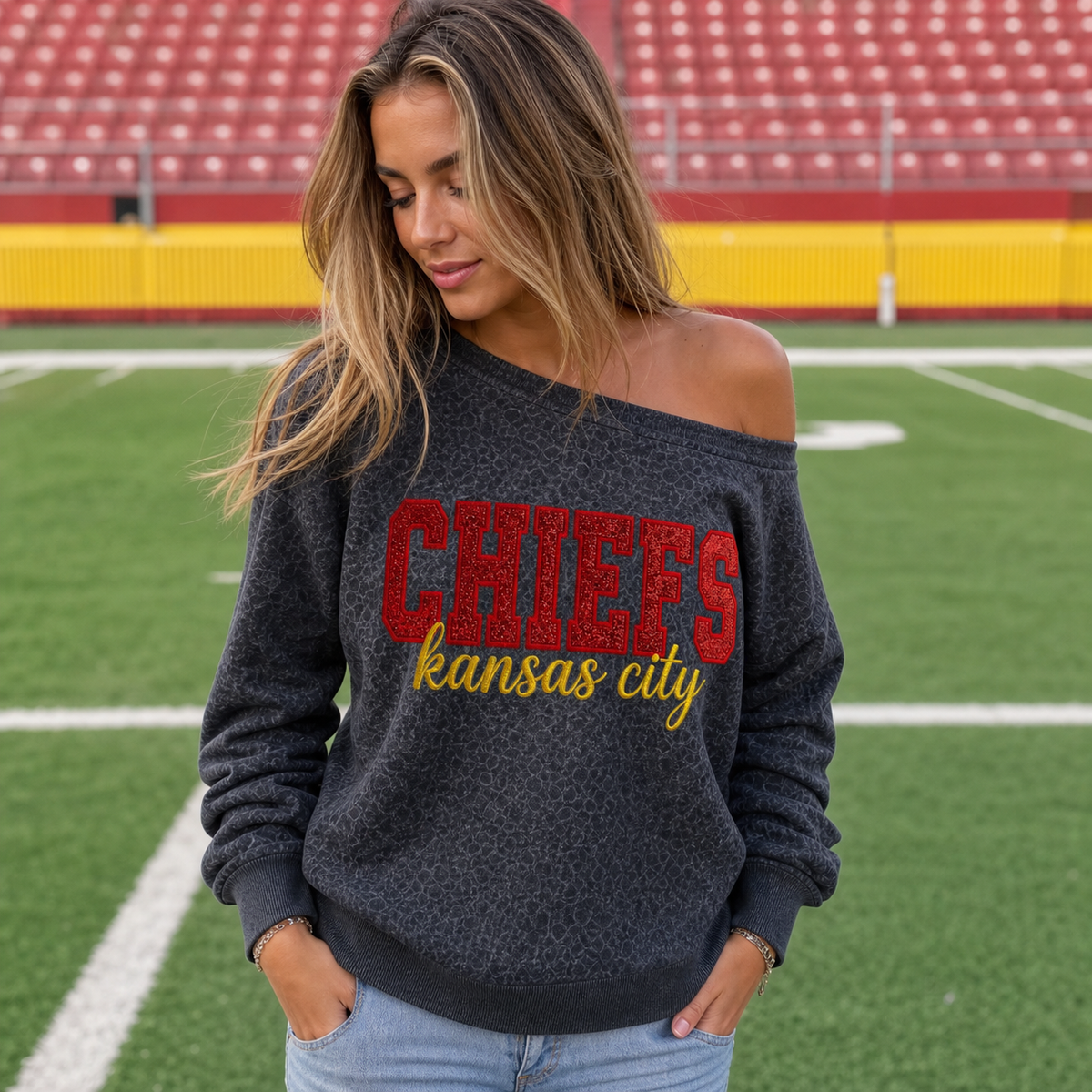 Custom Leopard Off-Shoulder Sweatshirt | Personalized Glitter Embroidered Team Name | Game Day Sports Mom Spirit Wear