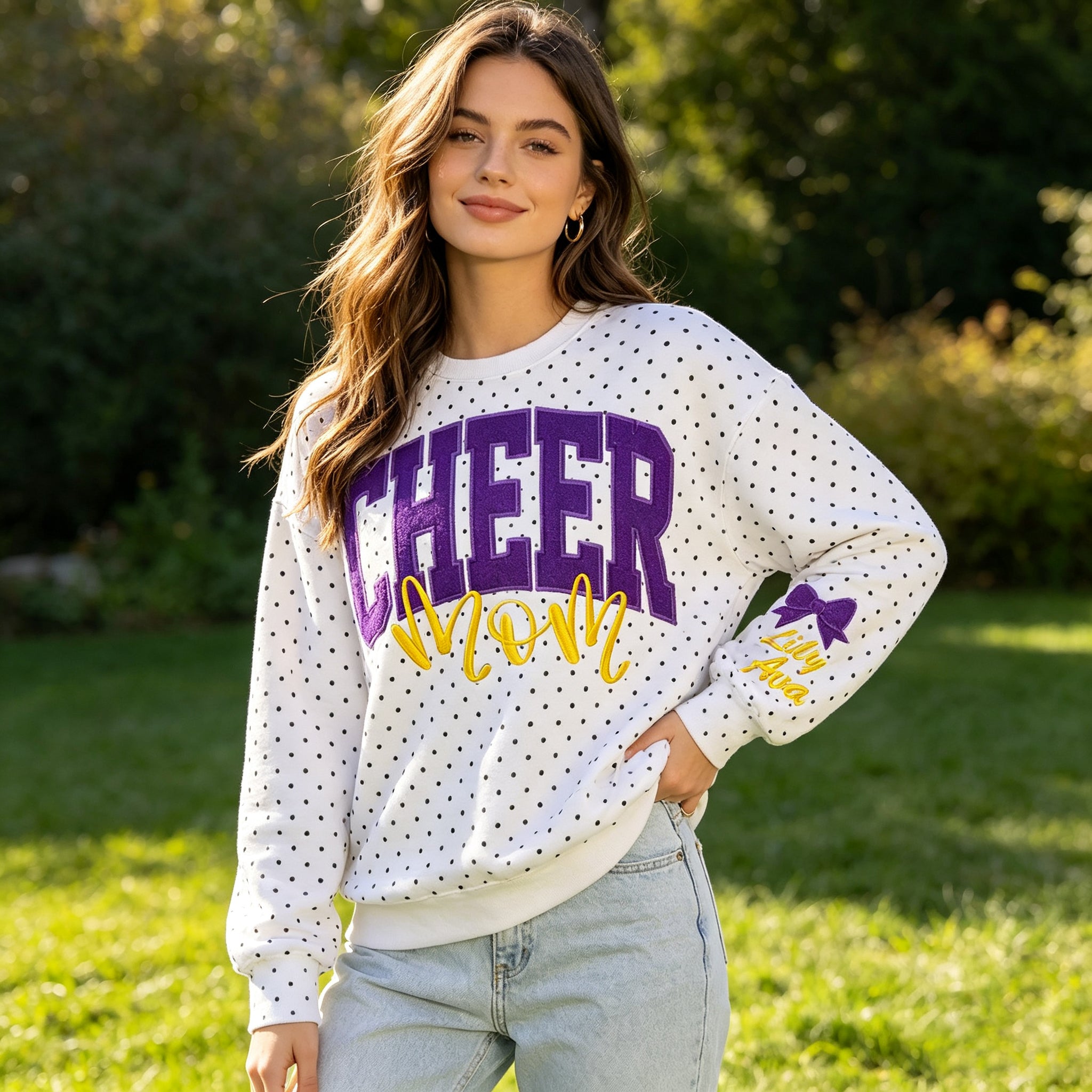 Custom Glitter Embroidered College Cheer Mom Polka Dot Sweatshirt | Gifts for Sports Mom | Game Day Wear
