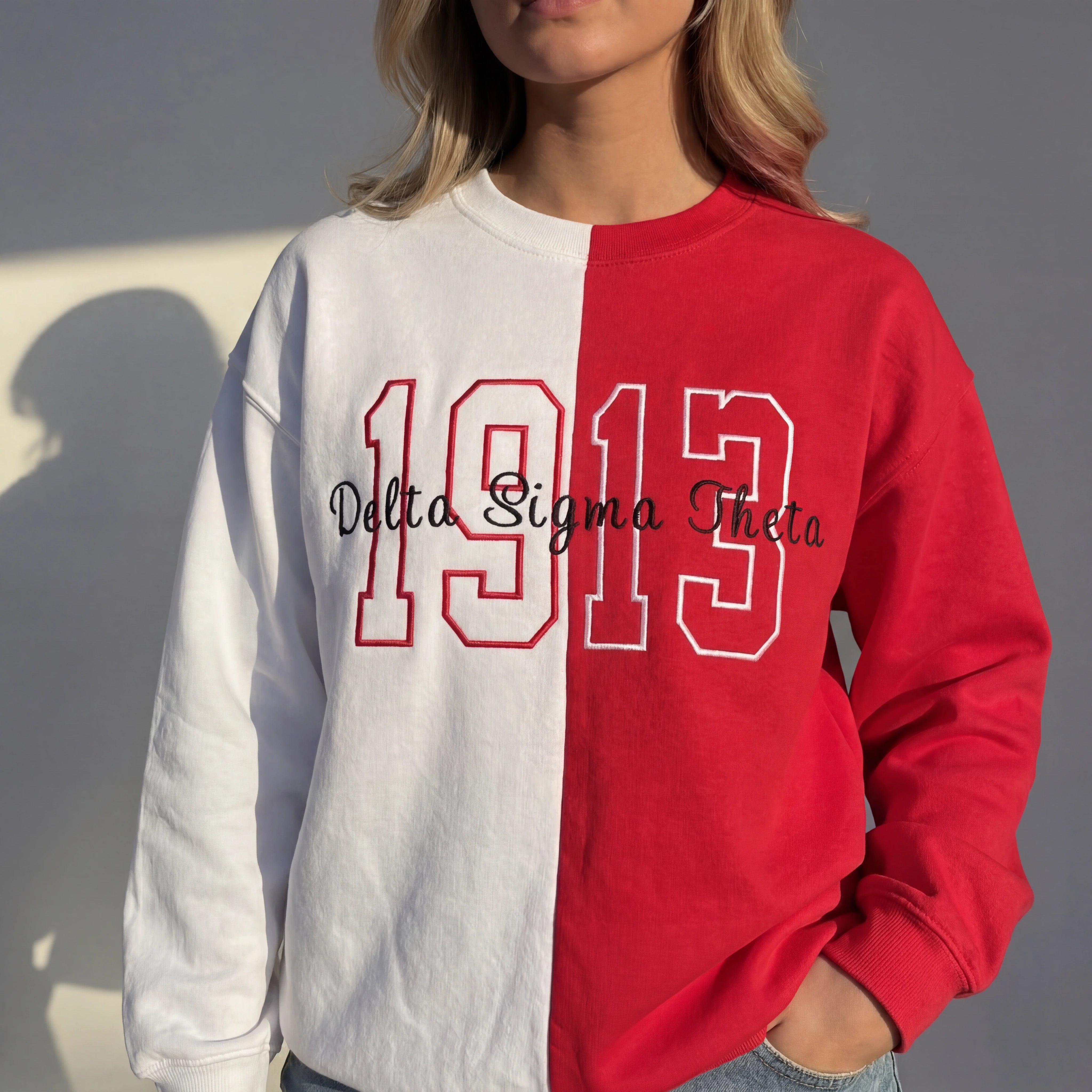 Custom Two Tone Embroidered Sweatshirt – Personalized Split Color Year Crewneck