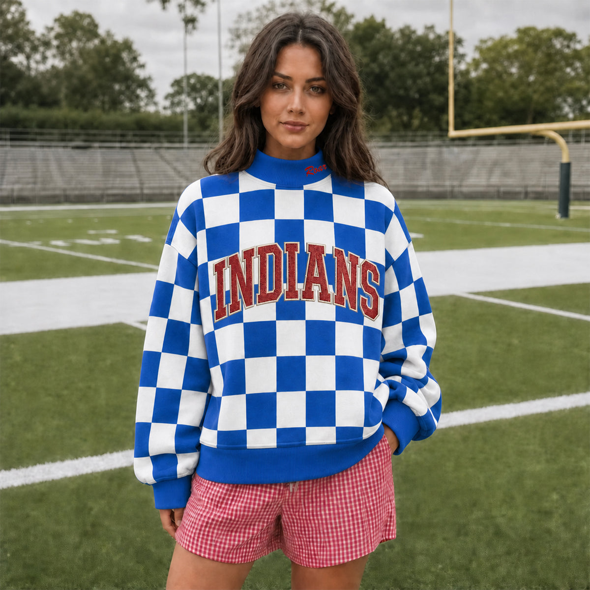 Custom Checkered Mock Neck Sweatshirt - Personalized Embroidered Team Name Stand-Up Collar Pullover