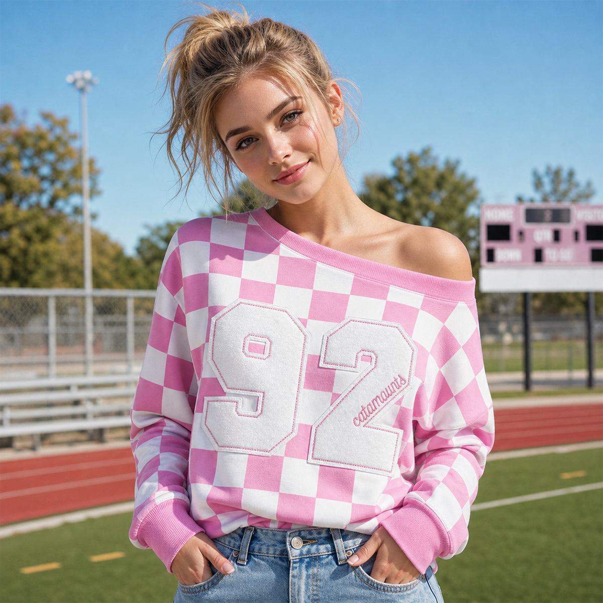 Personalized Checkerboard Off-Shoulder Sweatshirt - Custom Number & Name Embroidered One-Shoulder Game Day Pullover