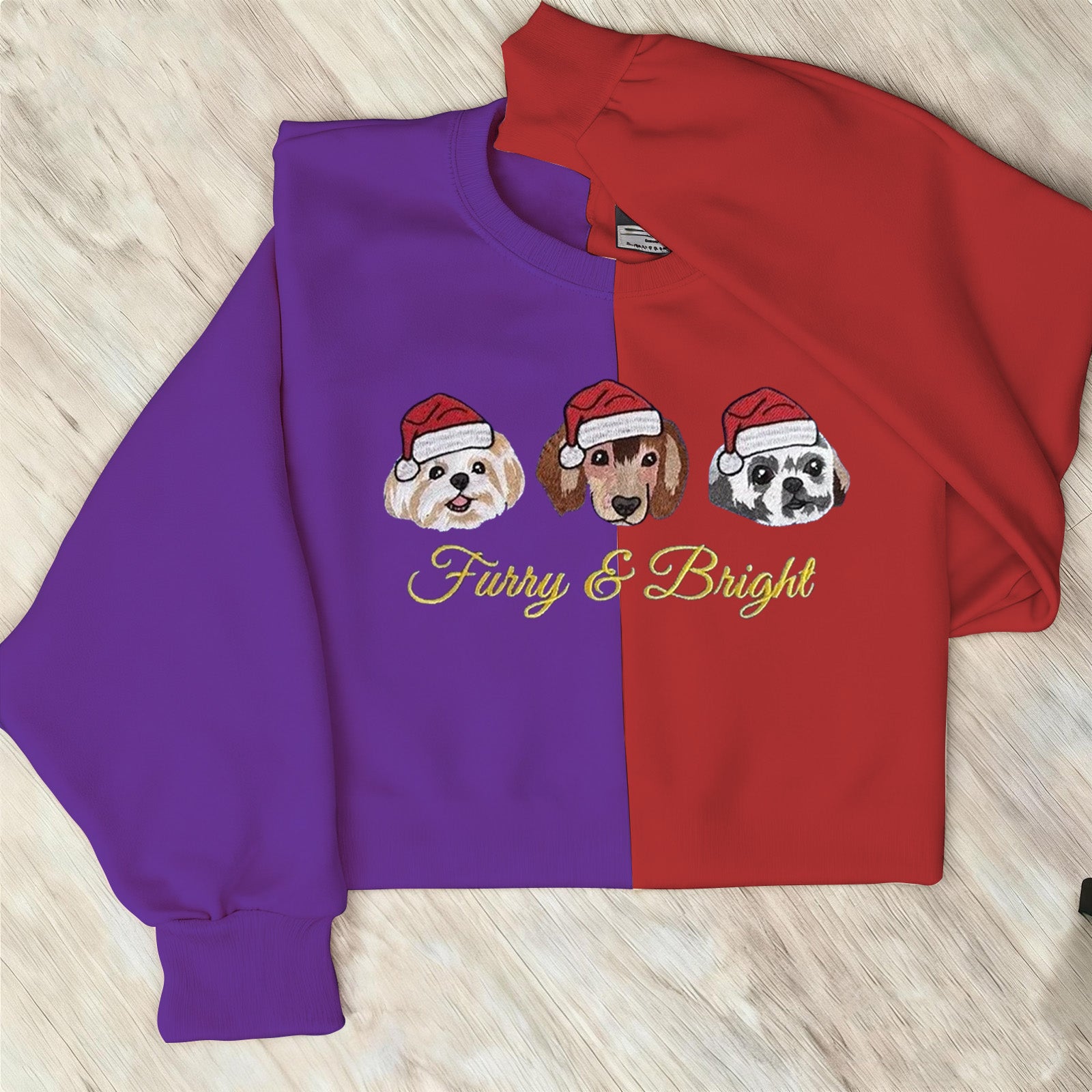Custom Dog Cat Portrait Embroidered Christmas Two Tone Sweatshirt | Christmas Gift for Pet Lover