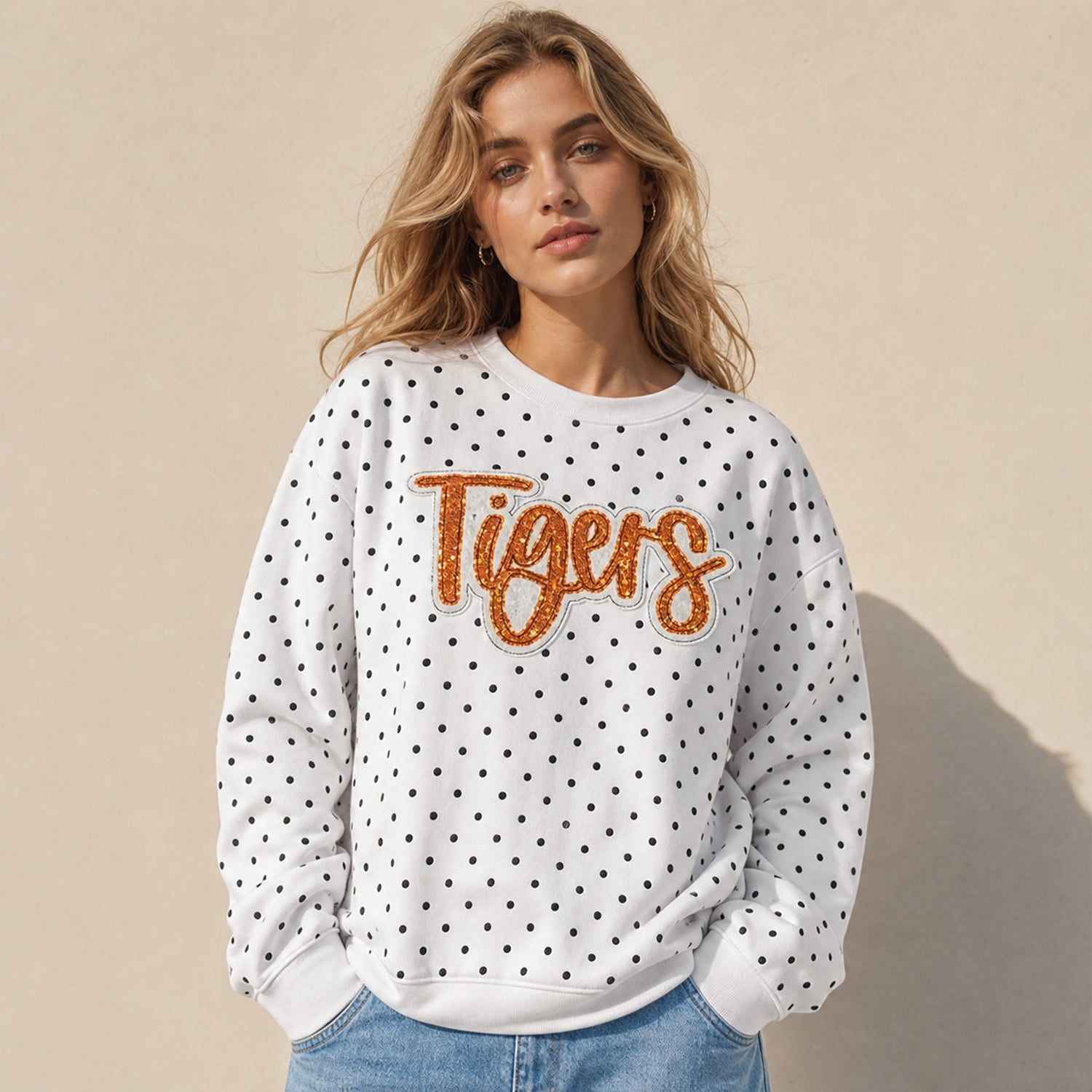 Custom Polka Dot Crewneck Sweatshirt with Sequin "Tigers" Script – Game Day Top