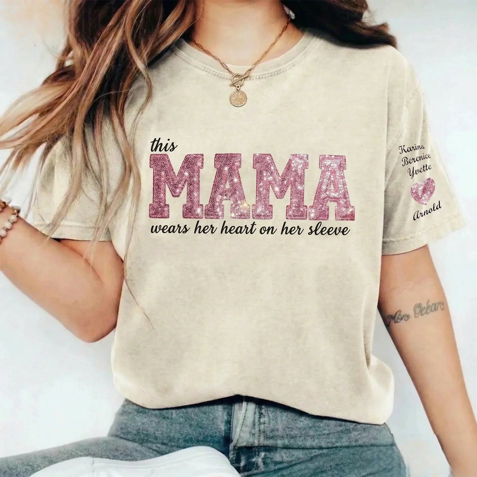 Custom Mama Sequin Embroidered Washed Sweatshirt & T-shirt & Hoodie with Kids' Names | Mother's Day Gift