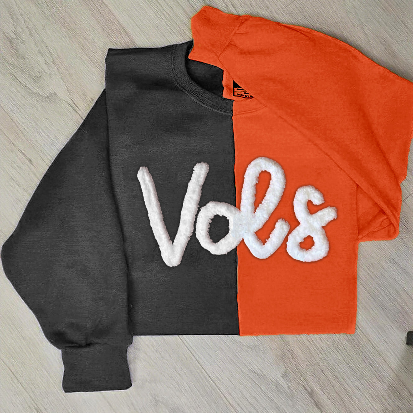 Custom Chenille Yarn Embroidered Two Tone Sweatshirt School Mascot Split Sweatshirt