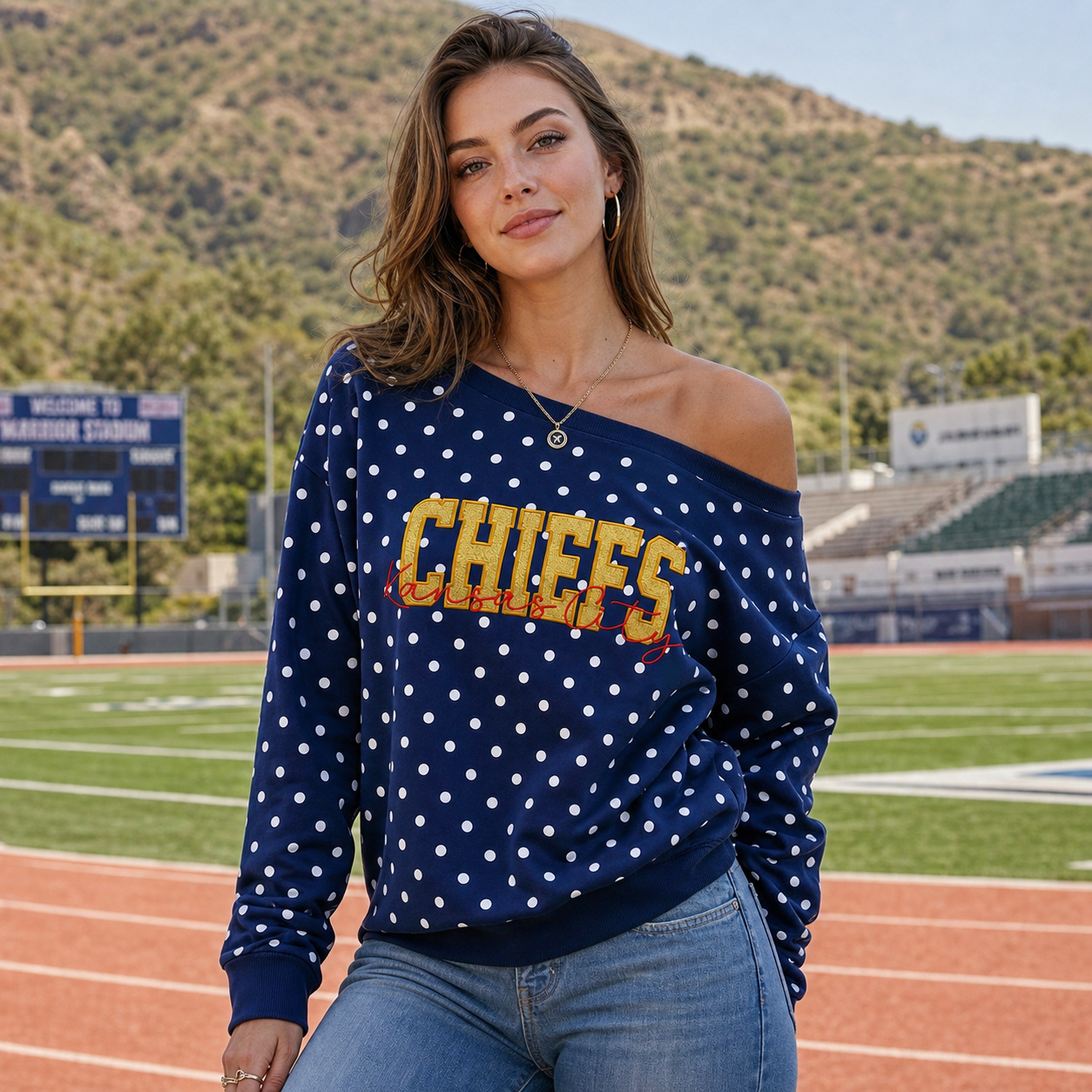 Custom Embroidered Glitter Vinyl Team Off-Shoulder Polka Dot Sweatshirt - Game Day Best Gear | Gifts for Sports Mom | Game Day Wear