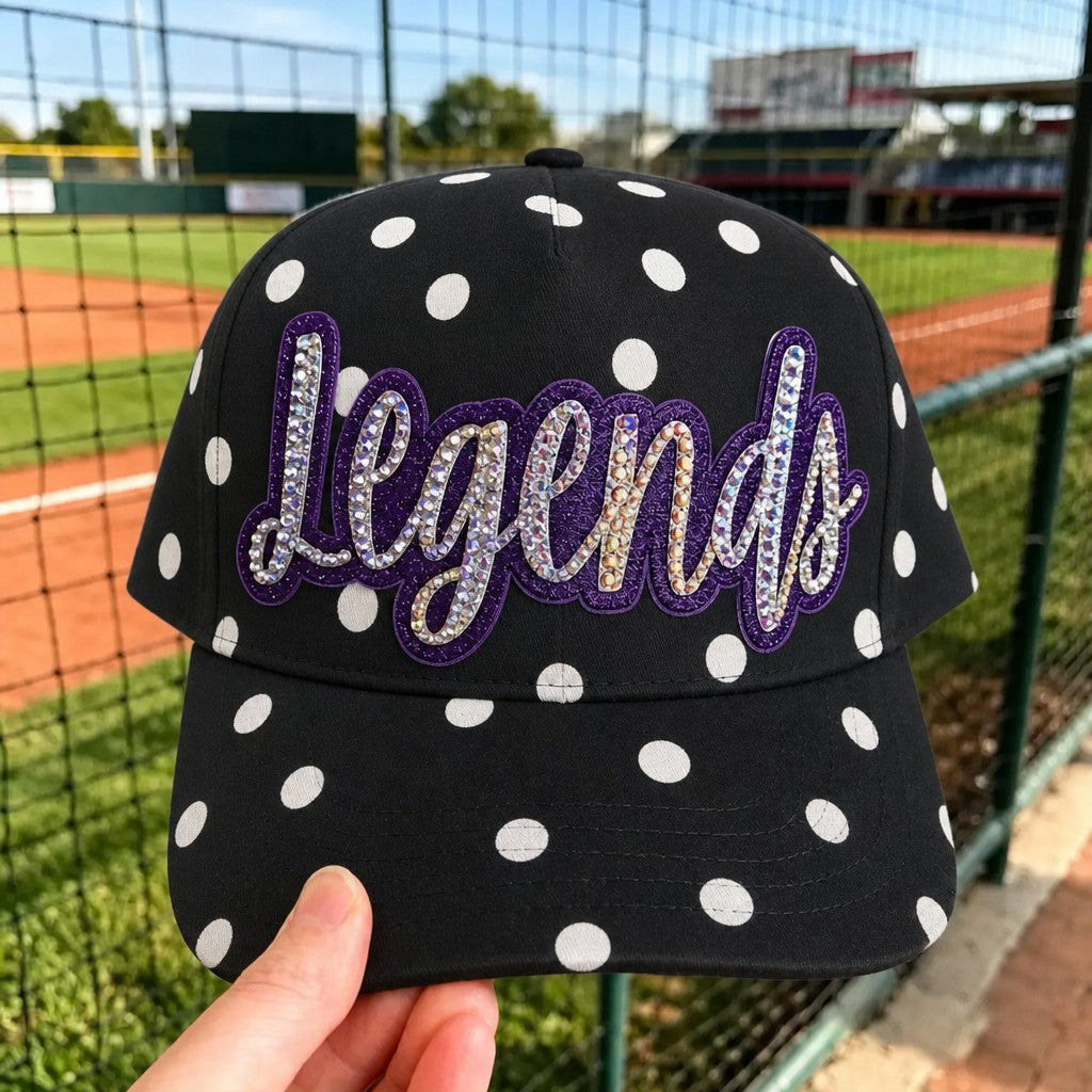 Custom Name Polka Dot Baseball Cap – Sparkly Rhinestone Script Bling Snapback Hat for Women | Game Day Wear
