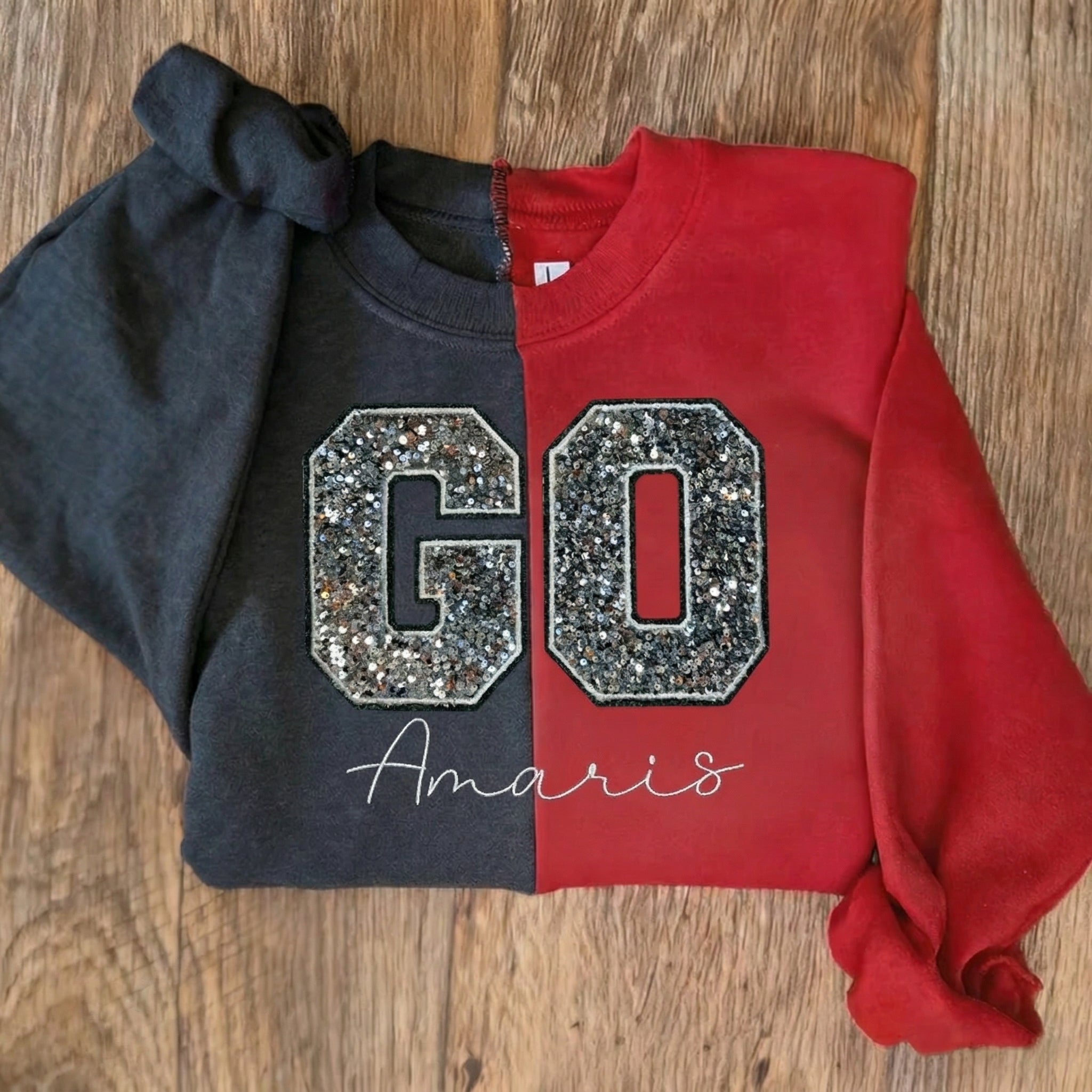 Custom Two Tone Sequin Game Day ''GO'' Sweatshirt – Sequin Varsity Letter Sweatshirt | Gifts for Sports Mom