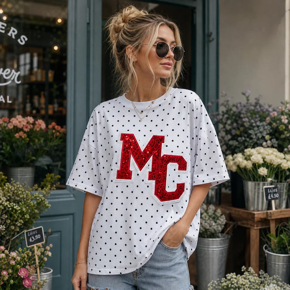 Custom Sequin Letters Polka Dot T-shirt – Personalized Glitter Numbers, Sports Fan Gift | Gifts for Sports Mom | Game Day Wear