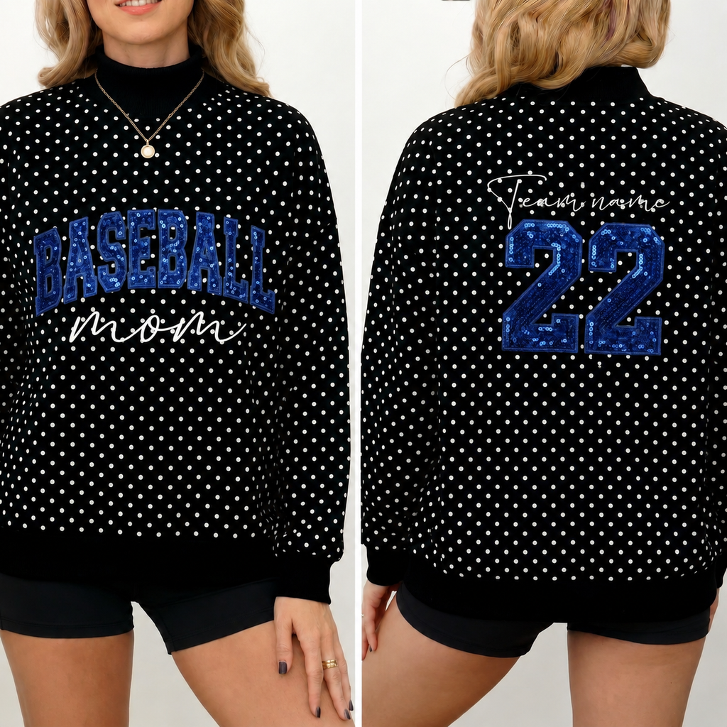 Custom Baseball Mom Sweatshirt – Personalized Sequin Polka Dot Mock Neck Pullover with Team Name & Number