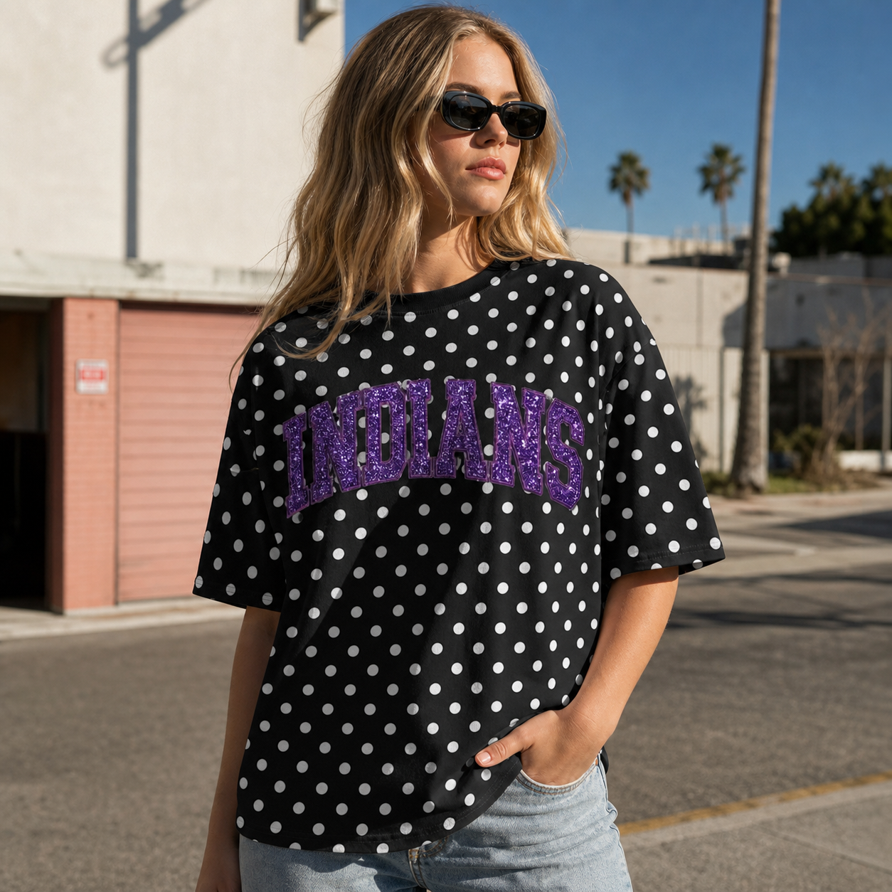 Custom Glitter Team Name Polka Dot T-Shirt | Personalized Sports Mom Crew Neck Tee | Game Day Wear