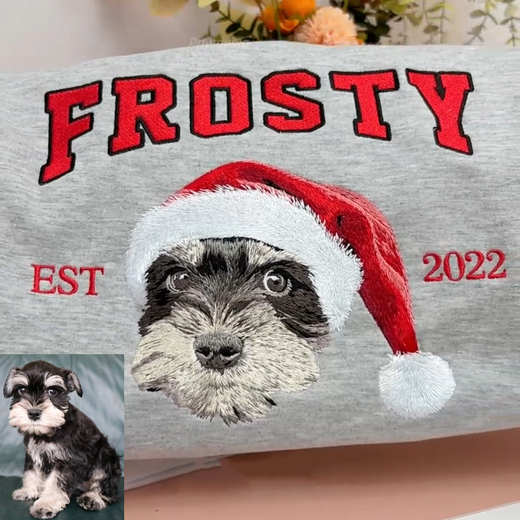 Custom Christmas Preppy Detail Embroidered Pet Portrait Sweatshirt Hoodie with Santa Hat | for Pet Lover