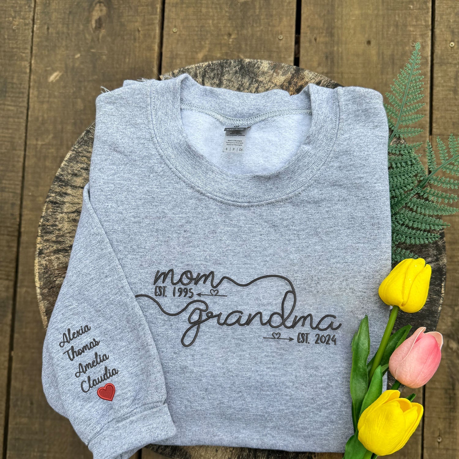 First Mom Then Grandma - Custom Embroidered Sweatshirt With Kids Name On Sleeve | Mother's Day Gift