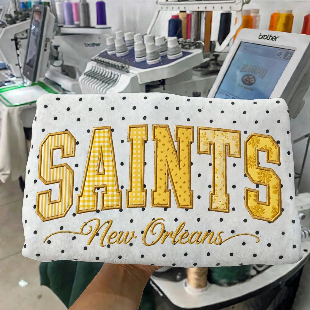 Custom Patchwork Fabric Embroidered Football Team Polka Dot Sweatshirt Game Day Wear