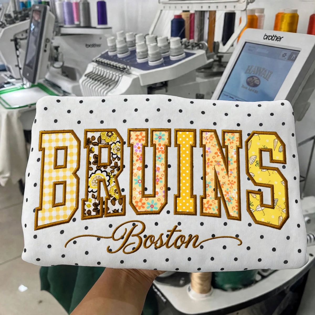 Custom Bruins Hockey Team Patchwork Embroidered Polka Dot Sweatshirt | Hockey Fan Game Day Gear