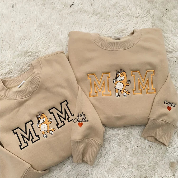 Custom Personalized Mother Blue Dog Embroidered Hoodie with Names on Sleeve | Mother's Day Gift