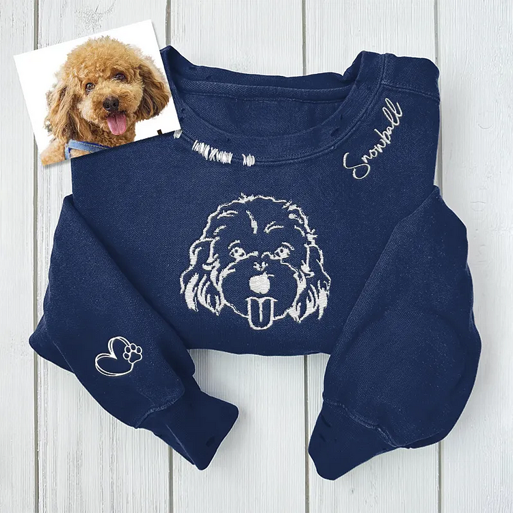 Custom Pet Face Outline Embroidered Hand Distressed Sweatshirt | Vintage Dog Portrait Hoodie