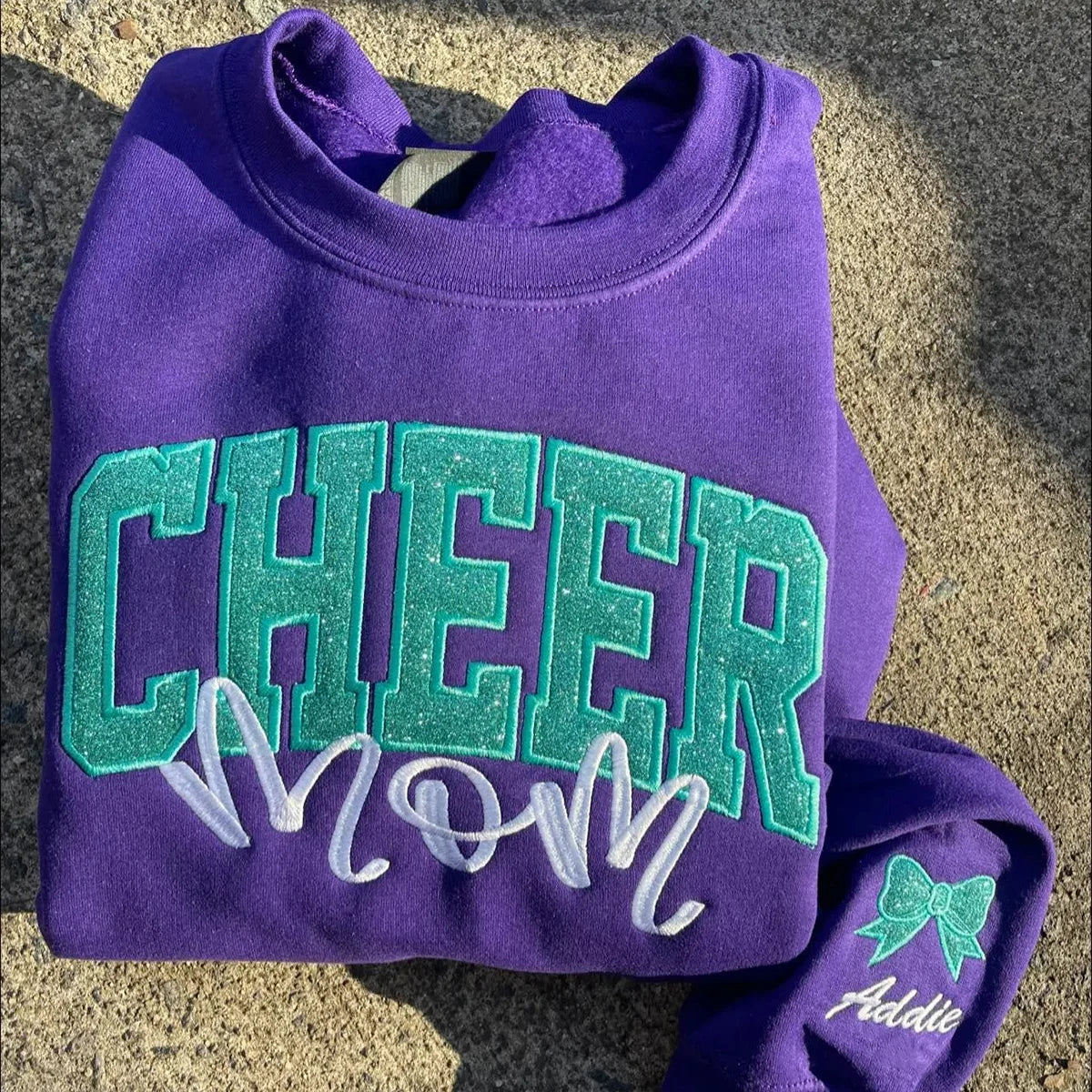 Custom Personalized Glitter Embroidered College Cheer Mom Sweatshirt
