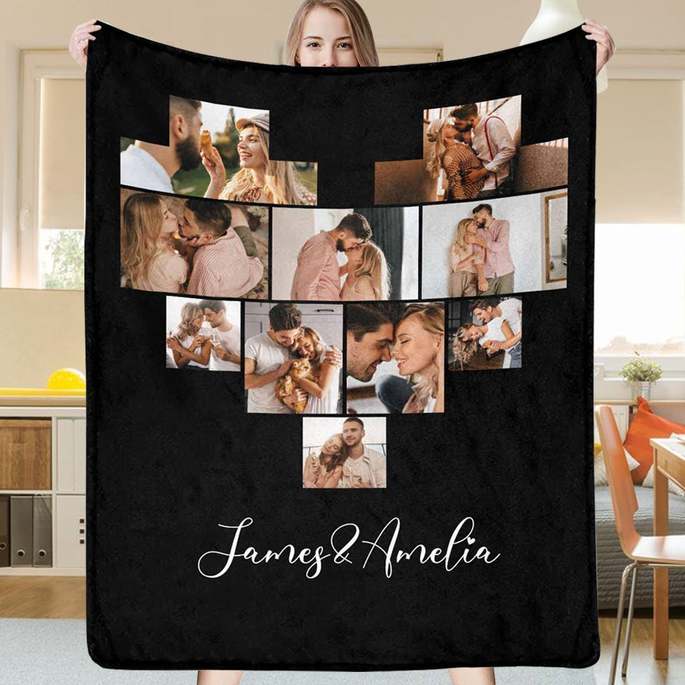 Custom 10 Photos Fleece Blankets With Names for Couple Family