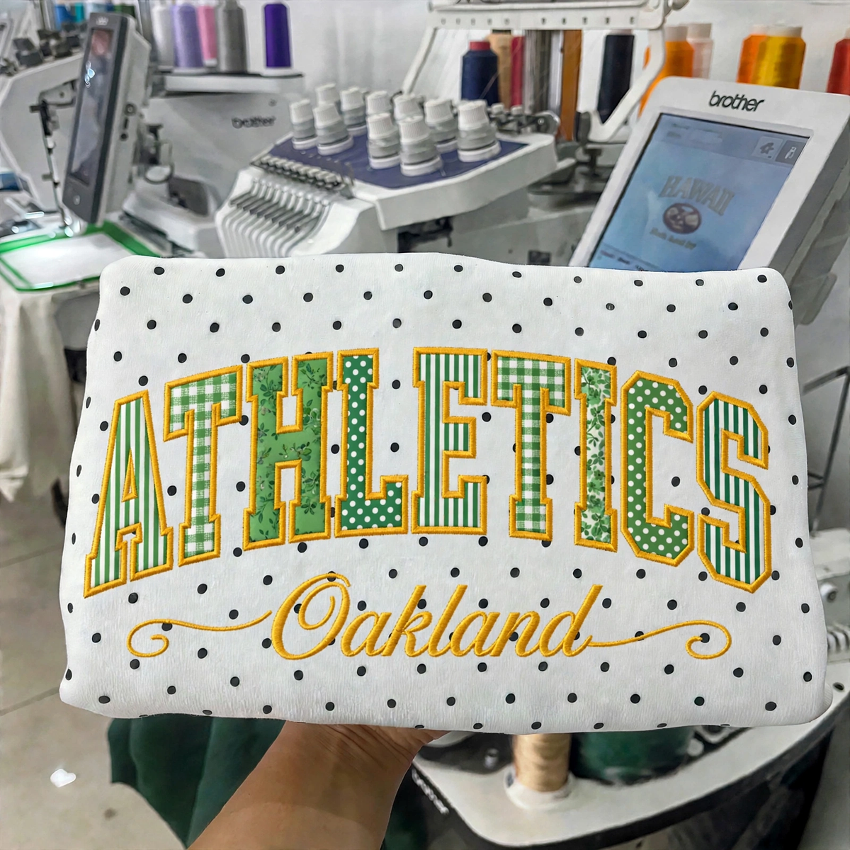 Custom Embroidered Patchwork Mix Fabric Baseball Team Polka Dot Sweatshirt | Game Day Wear