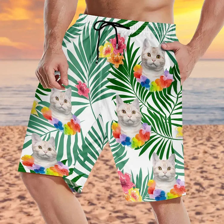 Custom Photo Aloha Dog Cat Hawaiian Beach Short - Personalized Unisex Beach Shorts