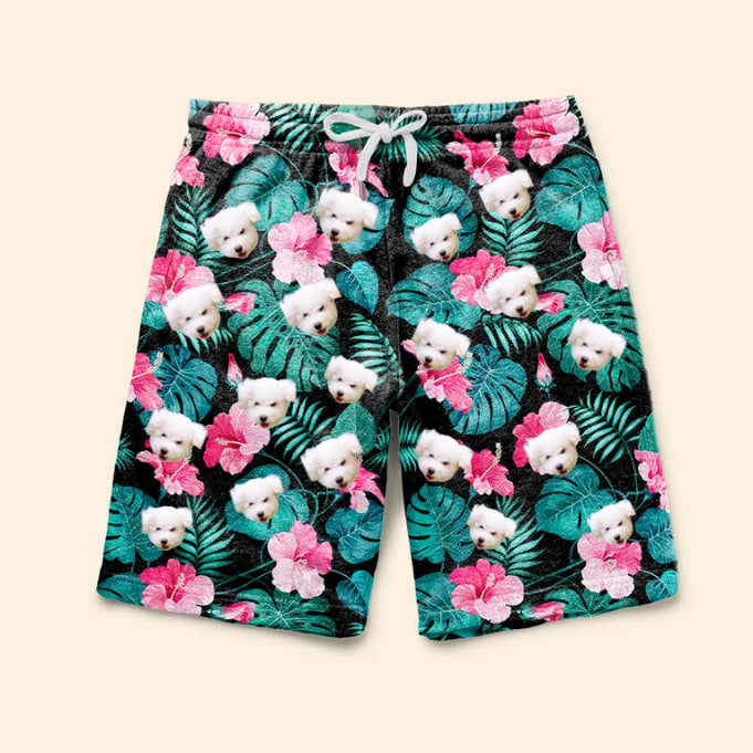 Custom Tropical Vibe Personalized Photo Dog Face Beach Short Hawaiian Beach Short