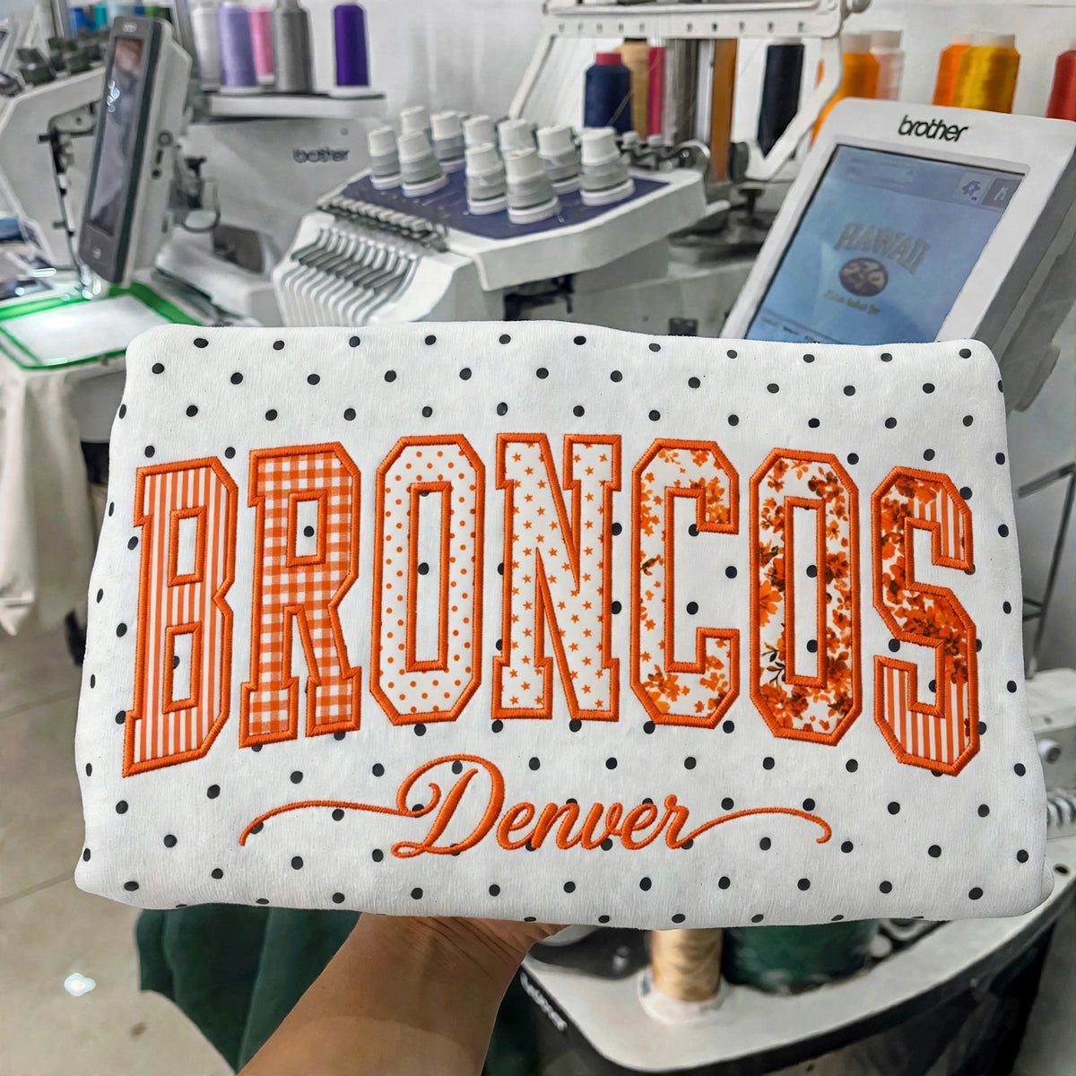 Custom Patchwork Fabric Embroidered Football Team Polka Dot Sweatshirt Game Day Wear