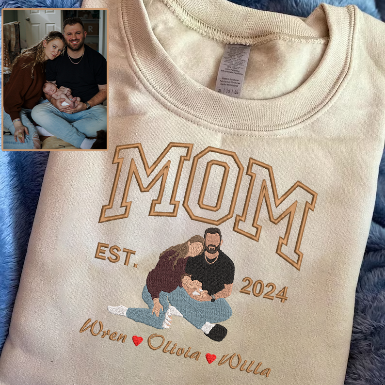 Mother's Day EST Date Personalized Embroidered Family Photo Hoodie Sweatshirt T-Shirt Gift For Mom