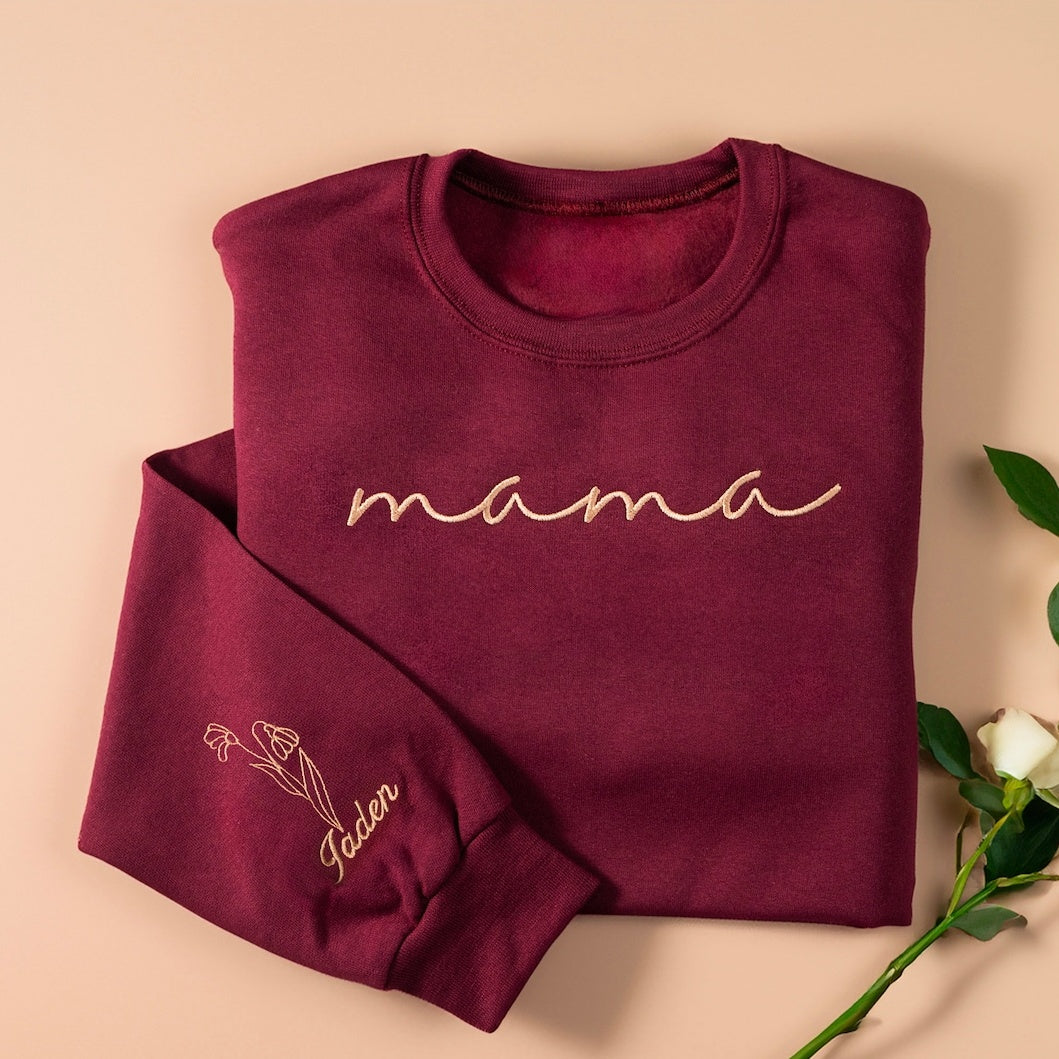 Custom Mama Embroidered Sweatshirt with Birth Flowers & Names on Sleeve | Mother's Day Gift