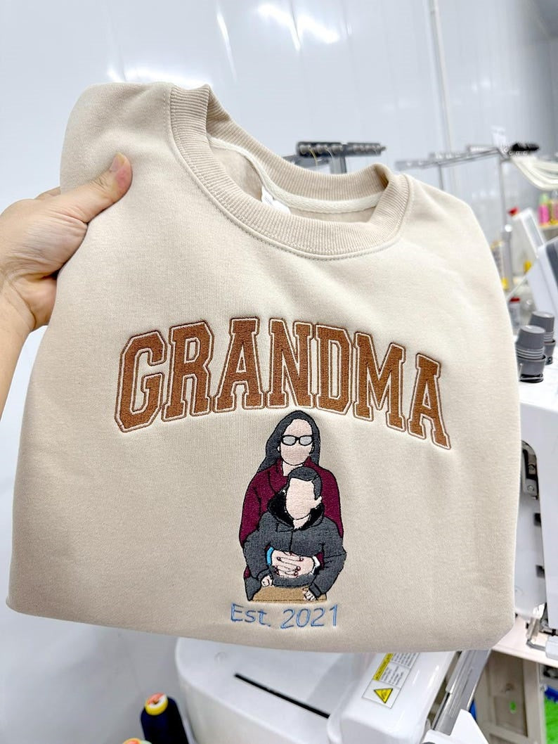 Personalized Family Portrait Embroidered Grandma Crewneck Holiday Sweatshirt Gift for Parents | Mother's Day Gift