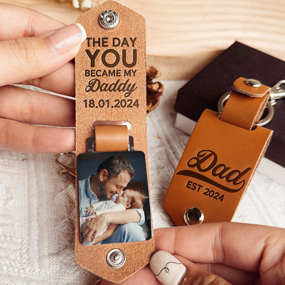 The Day You Became My Daddy First Time Dad - Personalized Leather Photo Keychain For Dad